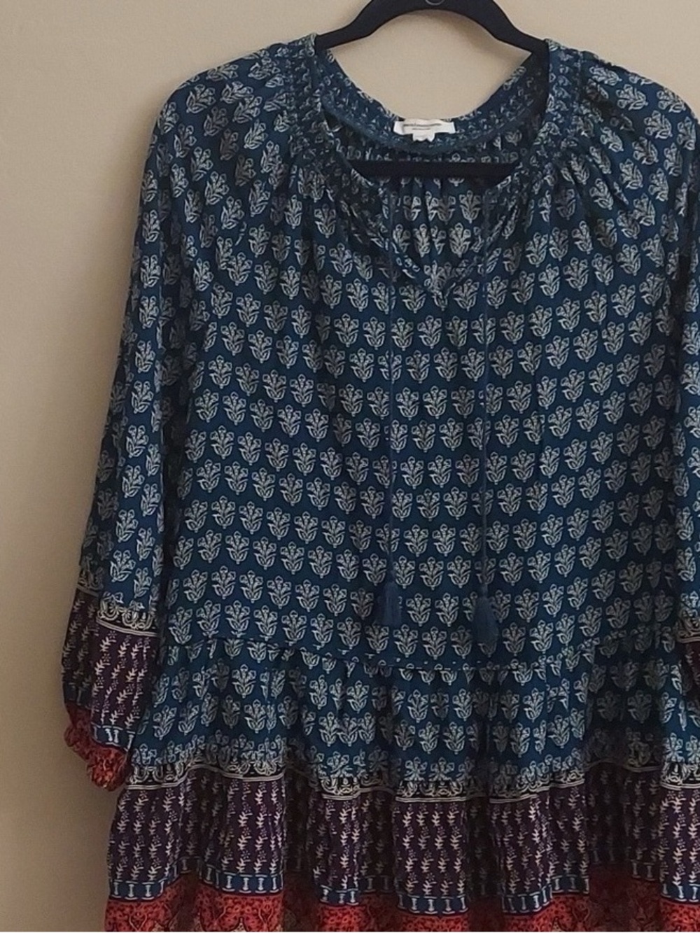 beachlunchlounge Blue Printed Tiered Boho Tunic with Red Border
